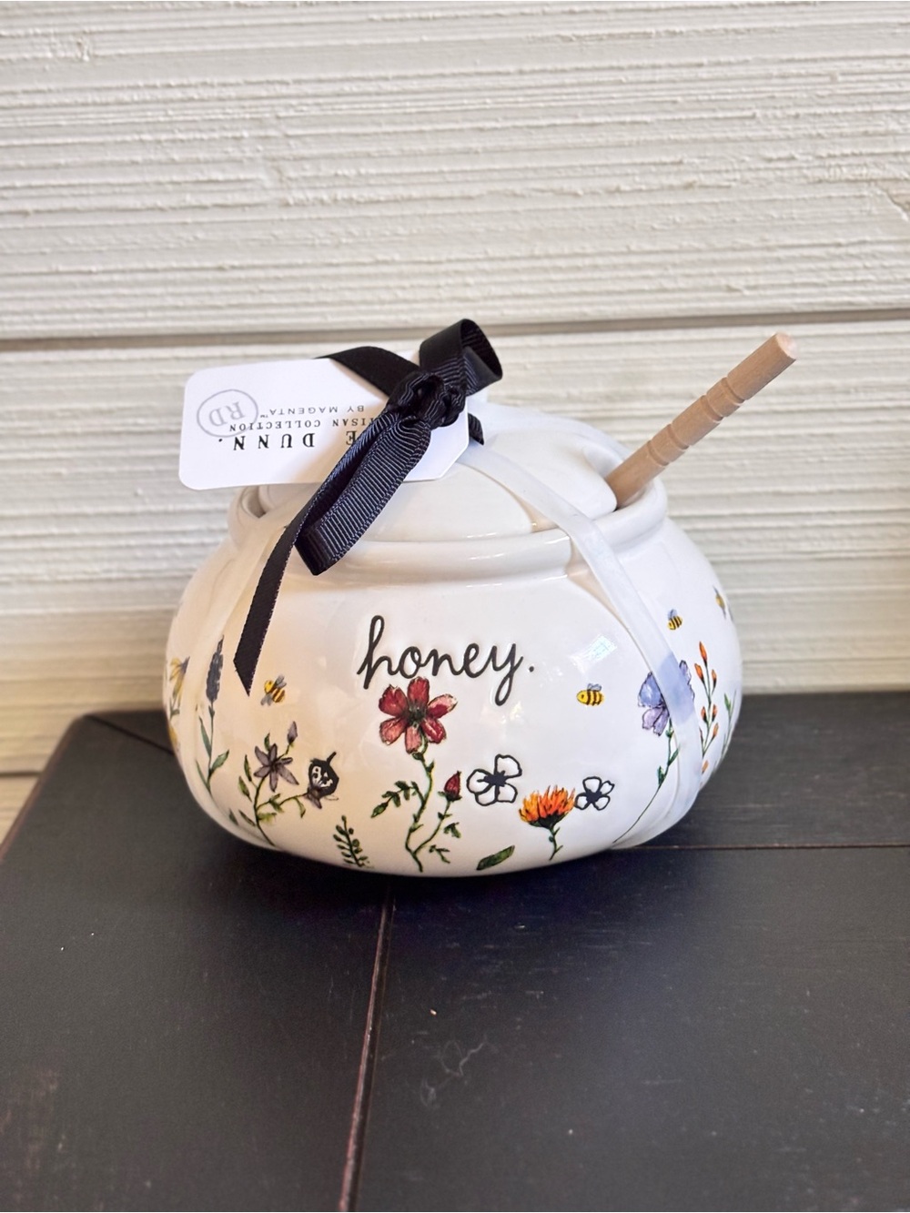 Rae Dunn White Ceramic Honey Pot and Dipper Set with Floral Pattern ~ NEW
